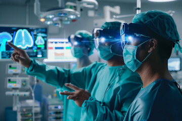 Team of surgeons in scrubs review and interact with a futuristic digital brain scan display in an operating room
