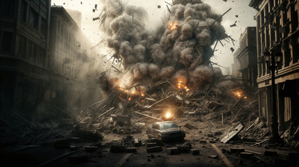 A Frightening Urban Catastrophe Captured at the Moment of Explosion, Engulfing Buildings in Debris and Flames