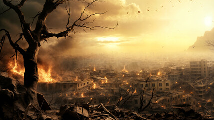 A Desolate Post-Apocalyptic Scene with a Lone Barren Tree Overlooking a Burning City as the Sun Sets