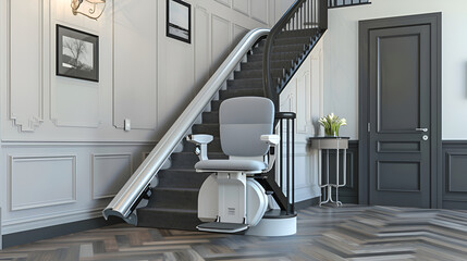 Elegantly designed stairlift in a luxurious hallway, blending advanced mobility solutions with traditional interiors.