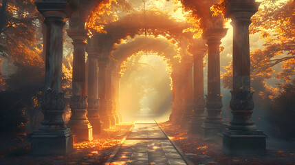 An archway with columns on a stone walkway. The sun is shining through the archway. - obrazy, fototapety, plakaty