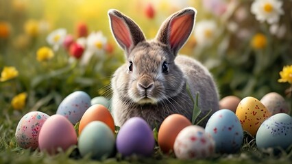 Fototapeta na wymiar Easter card with a gray bunny and multi-colored painted Easter eggs on a spring meadow in the rays of the sun at dawn created with generative ai 