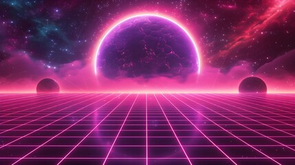 80s synthwave background with a grid, dark pink and purple colors, a neon planet in the sky, a 3D illustration - obrazy, fototapety, plakaty