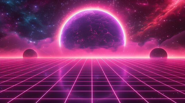 80s synthwave background with a grid, dark pink and purple colors, a neon planet in the sky, a 3D illustration
