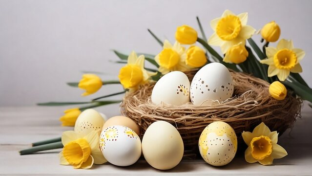 Easter holiday celebration greeting - White yellow easter eggs in a bird nest basket and yellow daffodils flower created with generative ai	