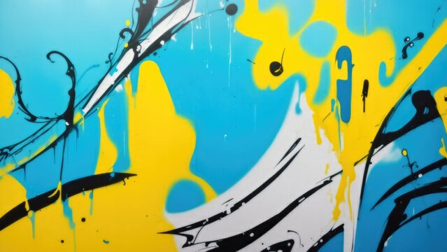 Colorful street art graffiti background. White, blue, yellow colors. Abstract wall surface with colorful drips, flows, streaks of paint and paint sprays