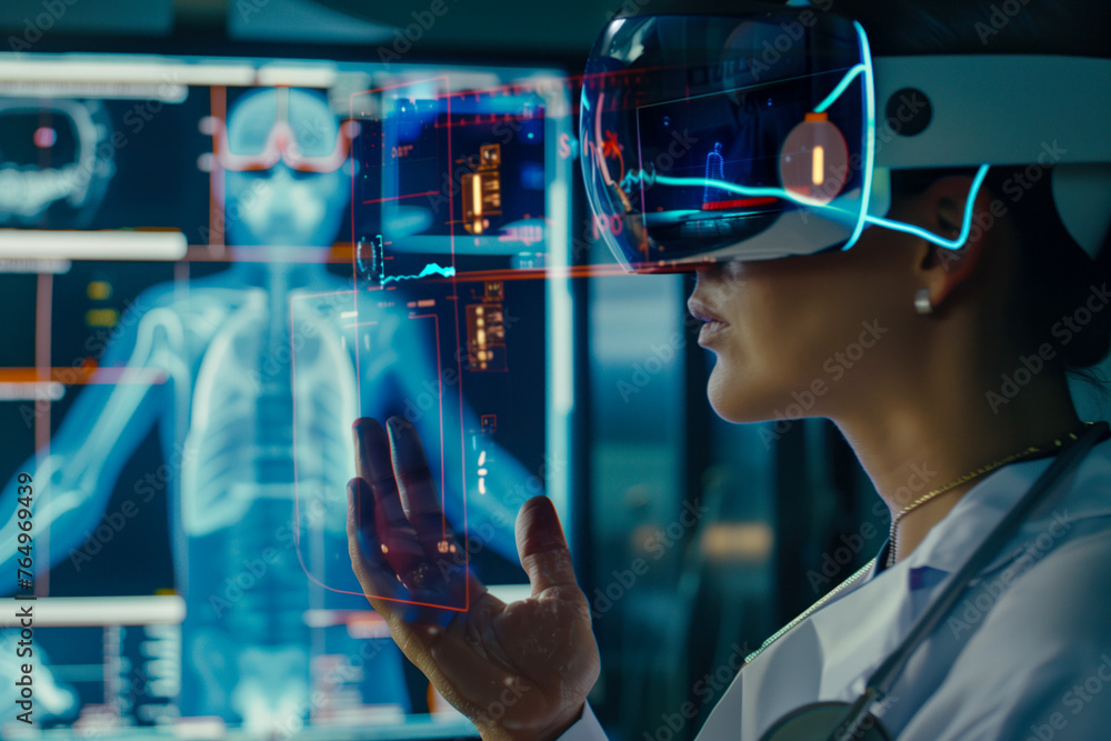Poster a female scientist engages with advanced holographic displays in a high-tech environment, depicting 