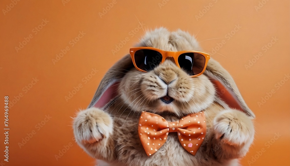 Sticker close up of a rabbit , Funny easter animal pet - Easter bunny rabbit with sunglasses, giving thumb up, isolated on orange background created with generative ai