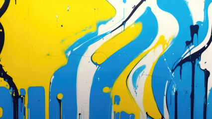 Colorful street art graffiti background. White, blue, yellow colors. Abstract wall surface with colorful drips, flows, streaks of paint and paint sprays
