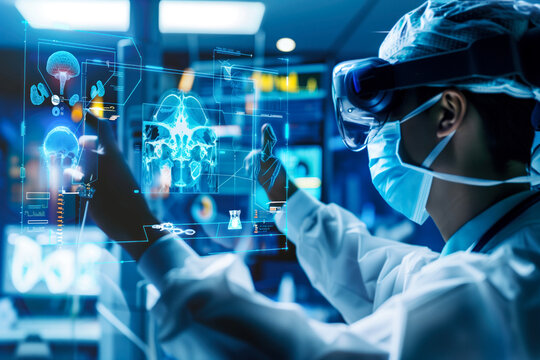 A medical professional is focused on an augmented reality display of brain scans and medical data, potentially for diagnostic purposes