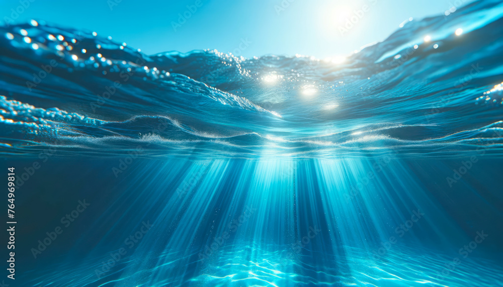 Poster sunlit underwater view with sparkling water surface. deep sea ambiance concept. generative ai