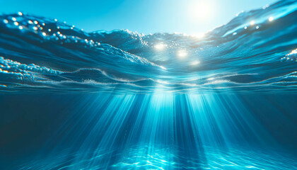 Sunlit underwater view with sparkling water surface. Deep sea ambiance concept. Generative AI - obrazy, fototapety, plakaty