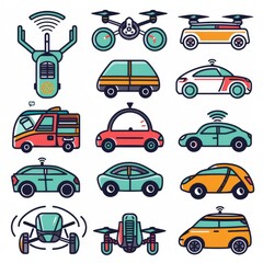 A creative set of icons showcasing smart transportation solutions, including connected cars and drones, suitable for tech presentations