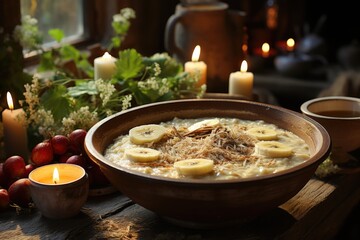 Side view of porridge oats with banana in a ceramic bowl on the rustic table, generative IA - obrazy, fototapety, plakaty