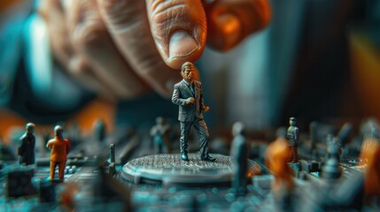 Close-up man in a suit plays with the miniature figurine of a man in a suit, The hands of those with power, politics, and corruption, Generative AI - obrazy, fototapety, plakaty
