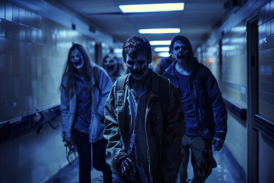 A group of zombies shuffling in a dimly lit hallway