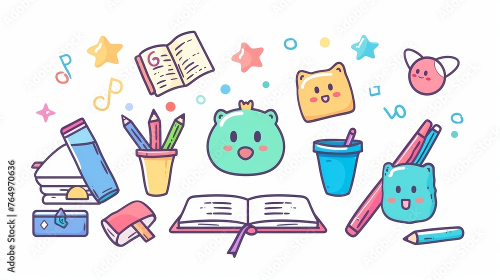 Poster student characters are taking notes in a notebook. the note has stickers and notes. in a flat style 