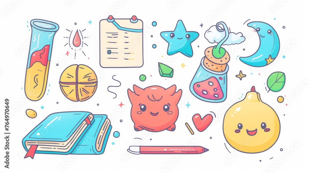 Poster cute student characters taking notes in a notebook with stickers and notes. this flat design illustr