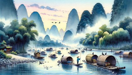Watercolor Painting of the Li River - obrazy, fototapety, plakaty