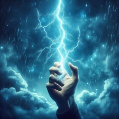 Hand holding up a lightning bolt. Energy and power. Stormy background. Blue glow. Zeus, thor created with generative ai - obrazy, fototapety, plakaty