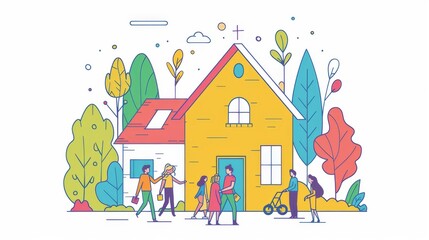 An advertising illustration for an estate agency. People are greeting around the house. Modern illustration in flat design style.