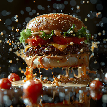 Big splashing burger in sause on a dark background