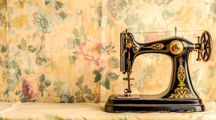 Vintage sewing machine on floral background