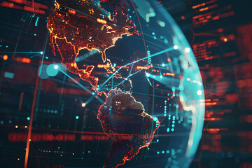 Digital Connectivity and Data Exchange Illustration of the Americas on a 3D Globe