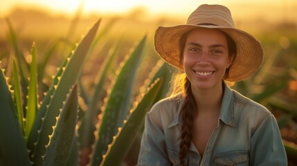 Portrait of female farmer in aloe vera plantation farm field. - obrazy, fototapety, plakaty
