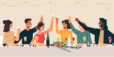 A group of people sit at a table and celebrate by raising their glasses with copy space on the right. Banner, card, illustration, holiday concept.