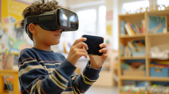 A young boy is immersed in a virtual reality experience, using a VR headset and controller in a colorful classroom environment
