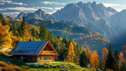 Fototapeta na wymiar Sustainable solitude: solar panels in the highland forest