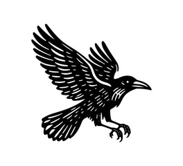 raven black and white illustration logo vector