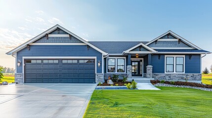Luxurious new built home. Modern style home includes two car garage framed by blue siding and...