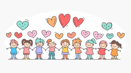 It is Mother's Day, so the children are standing in line with hearts. This is a flat design style minimal modern illustration depicting children standing in a line with hearts.