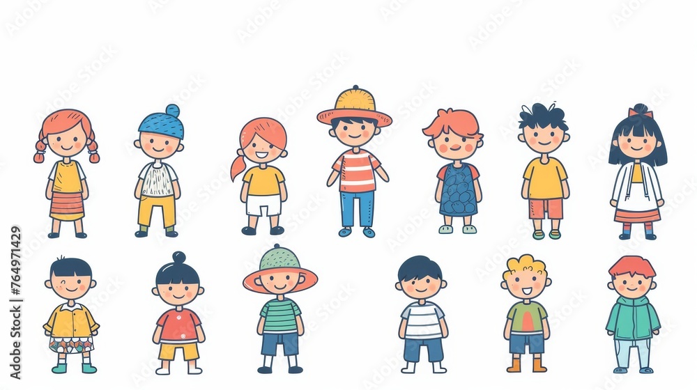 Aufkleber a set of cute and stylish children characters in a flat design style. this is a minimal modern illus