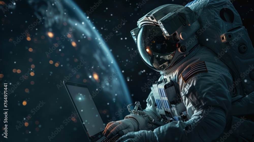 Wall mural astronaut in space working with a laptop, high-speed internet advertisement, banner background with 