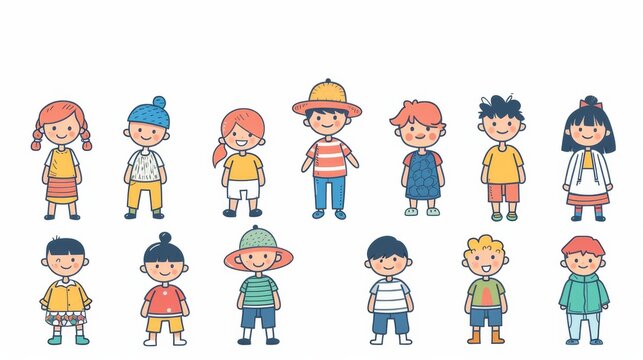 A set of cute and stylish children characters in a flat design style. This is a minimal modern illustration.