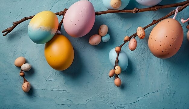 Happy Easter Holiday Holiday Celebration Decorations Banner - Hanging Pastel Easter Eggs Isolated on Blue Wall created with generative ai