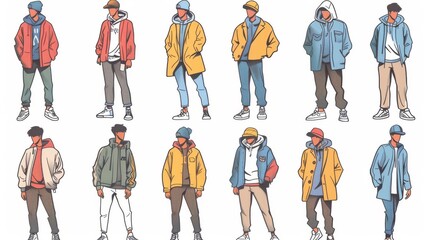Stylish man's casual clothing styles. Illustrations in a modern doodle style.