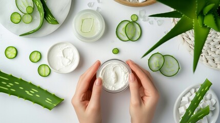 Female hands and aloe vera leaf slices cosmetic balm on table.