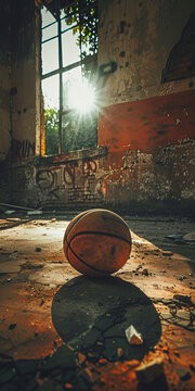 Mobile vertical wallpaper photograph of a basket ball on a concrete floor. Sunshine. . Story post.