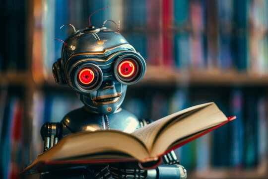 A vintage robot with glowing red eyes immersed in reading a book, surrounded by a blur of library shelves.