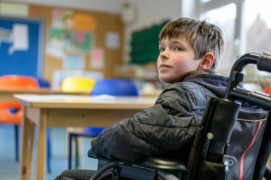 A determined young boy in a wheelchair participating in a classroom setting, highlighting the importance of accessible education for all