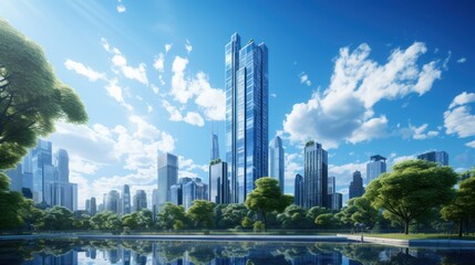 Fototapeta premium Photorealistic Tall building and behind it a beautiful and sky