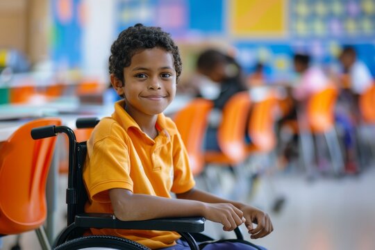 A cheerful young boy with curly hair, wearing a yellow shirt, sits in his wheelchair in a vibrant classroom environment, smiling brightly.