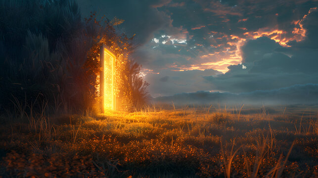 A mysterious glowing door in the sky, surrounded by a field of flowers and a dramatic cloudy sky.