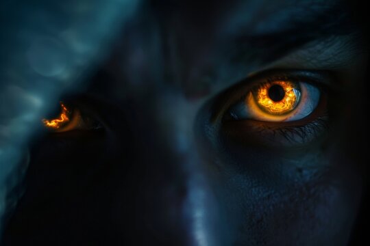 A captivating close-up of a person's intense gaze, with fiery, glowing eyes peering out from the shadows, suggesting a mysterious or supernatural theme.