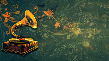 Vintage phonograph on floral pattern background