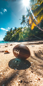 Mobile vertical wallpaper photograph of an american football at a tropical beach. Sunlight.. Story post.